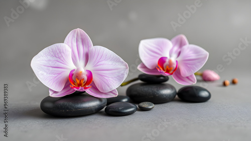 Delicate pink orchids resting on smooth black stones in a serene, neutral setting with soft lighting
