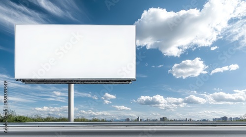 An empty billboard stands against a bright blue sky dotted with clouds, showcasing a vast  for advertisements. photo