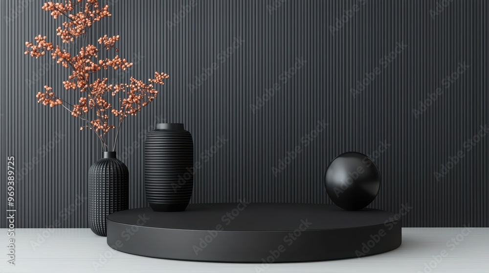Elegant black decor composition featuring vases, a sphere, and a delicate branch, perfect for modern interior design themes. Elegant black decor composition featuring vases, a sphere, and a delicate branch, perfect for modern interior design themes.