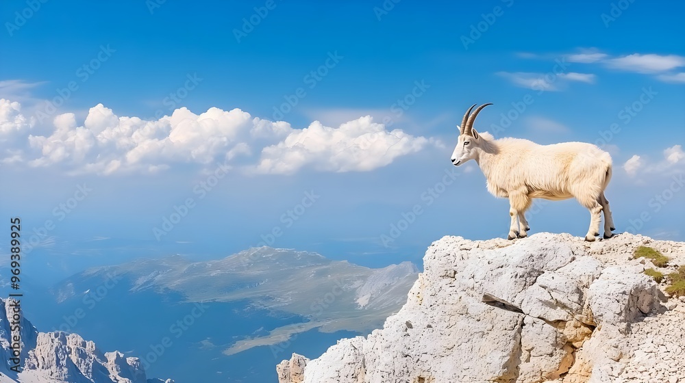 Majestic goat standing on a rocky peak under a clear blue sky, showcasing the beauty of nature and wildlife in a mountainous landscape.