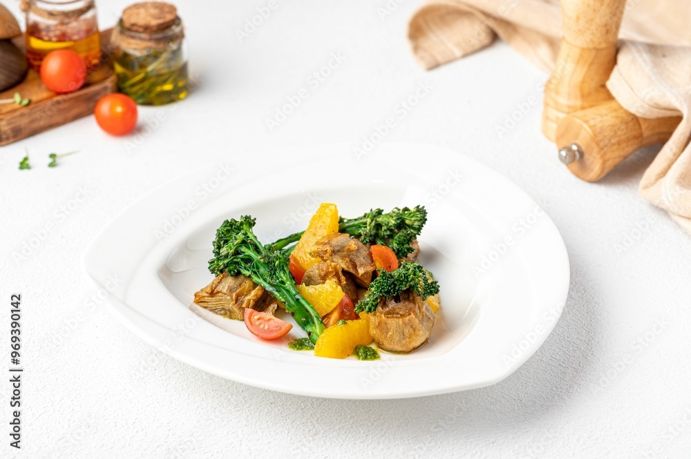 Gourmet dish with roasted vegetables and meat on a white plate. Gourmet dish with roasted vegetables and meat on a white plate.