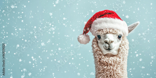 Cute alpaca wearing a Santa hat surrounded by falling snowflakes on a light blue background, creating a festive winter scene.