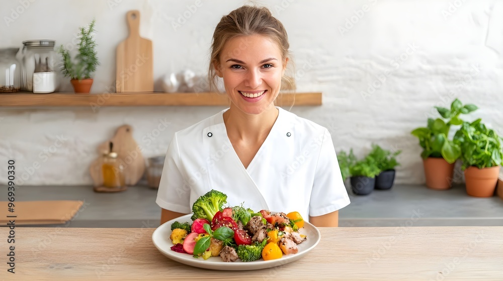 Smiling woman presents a vibrant plate of healthy food in a bright kitchen, showcasing fresh ingredients and a passion for wellness. Smiling woman presents a vibrant plate of healthy food in a bright kitchen, showcasing fresh ingredients and a passion for wellness.