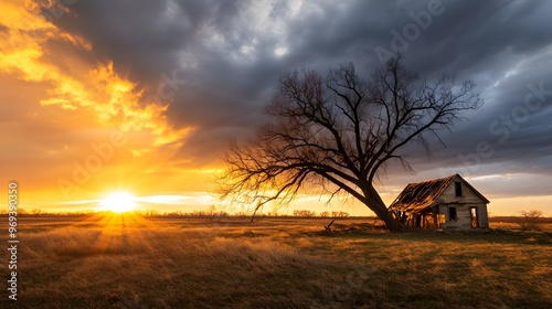 A dilapidated home at the brink of collapse, large trees bent and leaning against its fragile walls, intense shadows cast by the setting sun photo