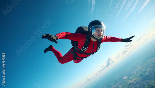 Wallpaper Mural An adventurous skydiver in a red jumpsuit catches the exhilaration of free-fall against a stunning blue sky and lush green landscape below. Torontodigital.ca