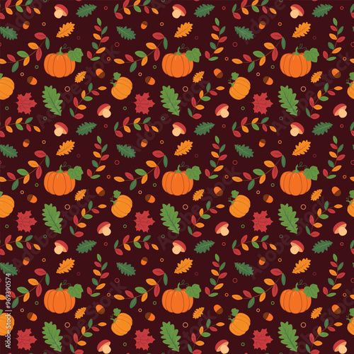 Autumn vector, red and brown mushrooms with aspen and oak leaves, Pumpkins, mushrooms, acorns, oak leaves and aspen leaves 