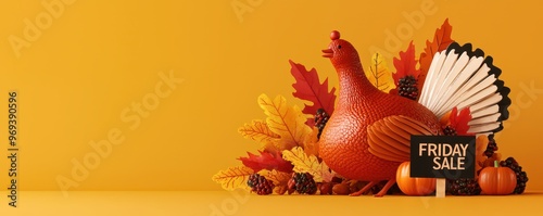 Vibrant autumn scene featuring a colorful turkey, seasonal leaves, and a sale sign against a cheerful yellow backdrop. photo