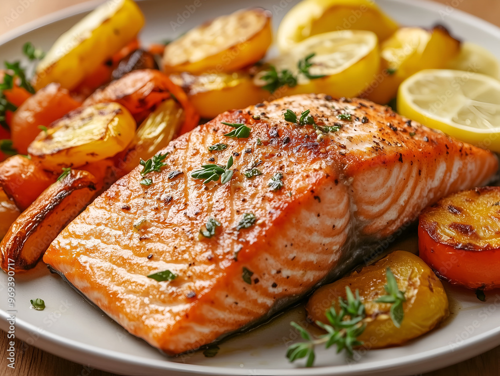 Pan-Seared Salmon with Roasted Vegetables: A delectable and healthy meal, featuring a perfectly seared salmon fillet with crispy skin, accompanied by roasted carrots, potatoes, and lemon wedges. A sy Pan-Seared Salmon with Roasted Vegetables: A delectable and healthy meal, featuring a perfectly seared salmon fillet with crispy skin, accompanied by roasted carrots, potatoes, and lemon wedges. A sy