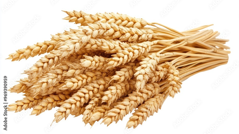 A detailed view of a wheat sheaf isolated on a white backdrop, highlighting the textures and natural colors of the wheat heads and stems in a studio setting A detailed view of a wheat sheaf isolated on a white backdrop, highlighting the textures and natural colors of the wheat heads and stems in a studio setting