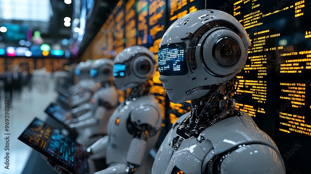 AI robots work efficiently in a modern data center, glowing lights illuminating their tasks. AI robots work efficiently in a modern data center, glowing lights illuminating their tasks.