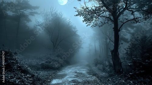 A moonlit forest with a path leading through it