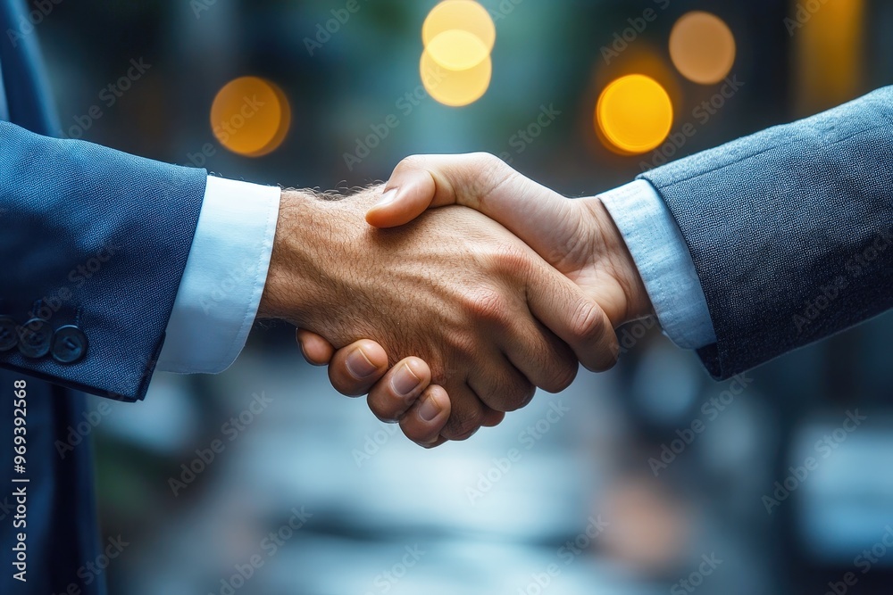 Sealing the Deal: Two businessmen solidify a partnership with a firm handshake, city lights providing a vibrant backdrop for this symbol of trust and collaboration.