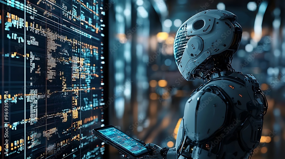 A cyborg robot with glowing lights examines a digital data interface, lost in streams of information. A cyborg robot with glowing lights examines a digital data interface, lost in streams of information.