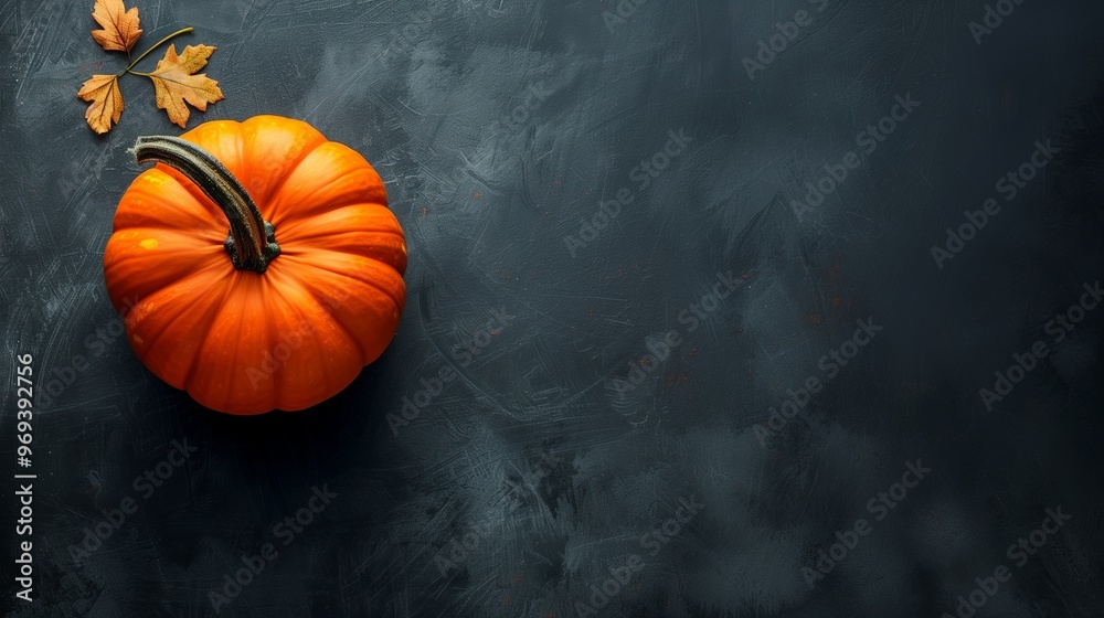 A bright orange pumpkin lying on a dark surface with a texture similar to concrete or dark wood. There are also two dry autumn leaves in the upper left corner. A bright orange pumpkin lying on a dark surface with a texture similar to concrete or dark wood. There are also two dry autumn leaves in the upper left corner.