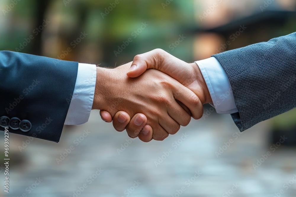 Sealed Deal: A handshake between two businessmen in suits symbolizes partnership, agreement, and trust. The urban background suggests a professional setting, emphasizing the importance of collaboratio Sealed Deal: A handshake between two businessmen in suits symbolizes partnership, agreement, and trust. The urban background suggests a professional setting, emphasizing the importance of collaboratio