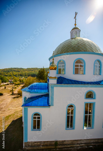 Blue Church in an open air nature reserve. Golden Dome. Busha village. Ukraine photo