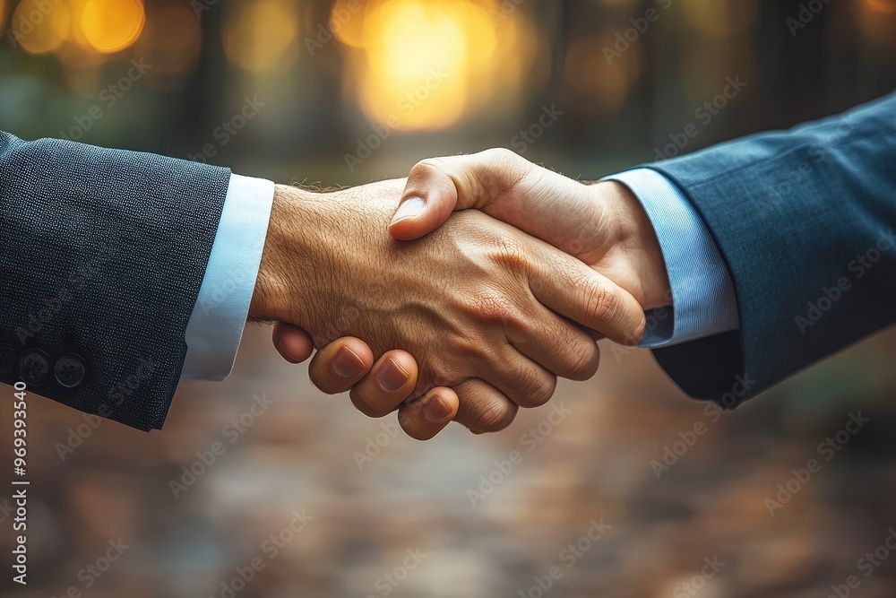 Sealing the Deal: A firm handshake between business partners against a warm, autumnal backdrop. Sealing the Deal: A firm handshake between business partners against a warm, autumnal backdrop.