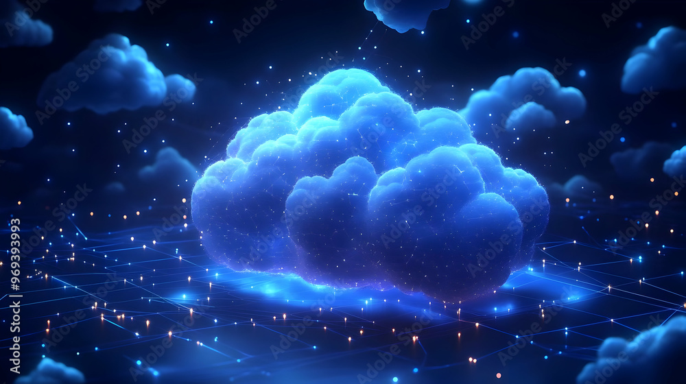 A glowing blue cloud surrounded by digital elements, symbolizing technology and data. A glowing blue cloud surrounded by digital elements, symbolizing technology and data.