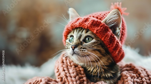 Wallpaper Mural Knitted kitten on a pale backdrop a green eyed cat wearing a cap in a spring theme Torontodigital.ca