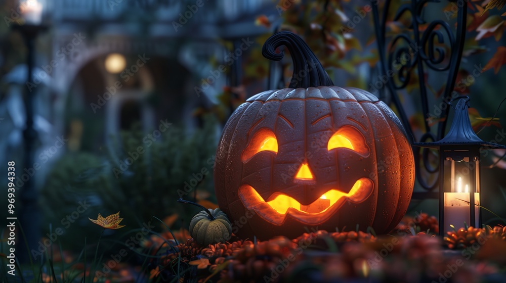 A Jack-O-Lantern pumpkin standing in front of an autumn garden background with green foliage and bright orange flowers.