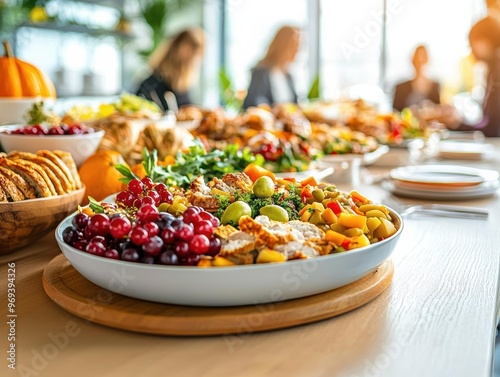 Wallpaper Mural Thanksgiving office feast with a beautifully decorated buffet table Employees gather around to enjoy a shared meal, highlighting the festive spirit and togetherness of the season Torontodigital.ca