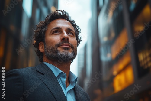 Urban Visionary: A determined businessman gazes upwards amidst towering city skyscrapers, embodying ambition and the pursuit of success. 