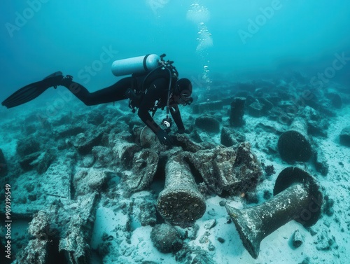 Diver examining artifacts at a shipwreck site, shipwreck exploration, historical underwater adventure