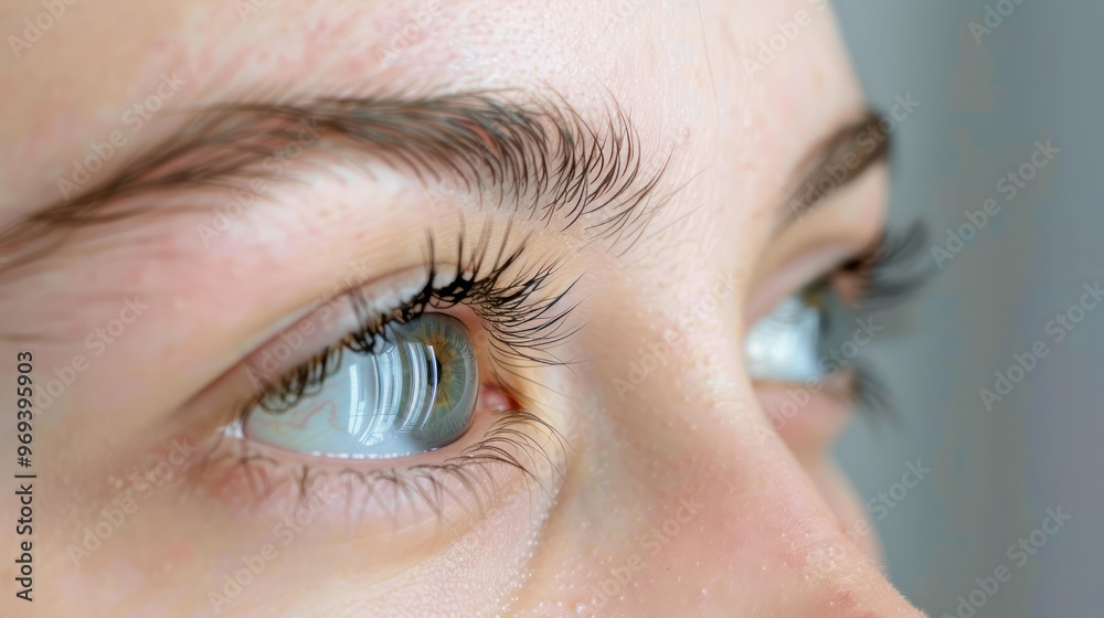 Fototapeta premium Closeup comparison of eyelash extension procedure on young adult woman. Concept Eyelash extensions, Before & After, Close-up shots, Beauty treatment, Young adult model 