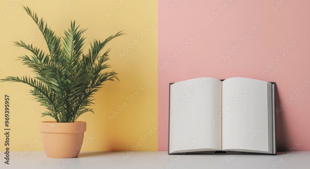 A mockup of an open, blank hardcover journal on the right, placed next to a potted plant in front of a white wall with pastel yellow and pink colors. The background is simple yet elegant A mockup of an open, blank hardcover journal on the right, placed next to a potted plant in front of a white wall with pastel yellow and pink colors. The background is simple yet elegant