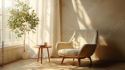 Mockup of a cozy corner with an armchair, wooden side table, potted plant