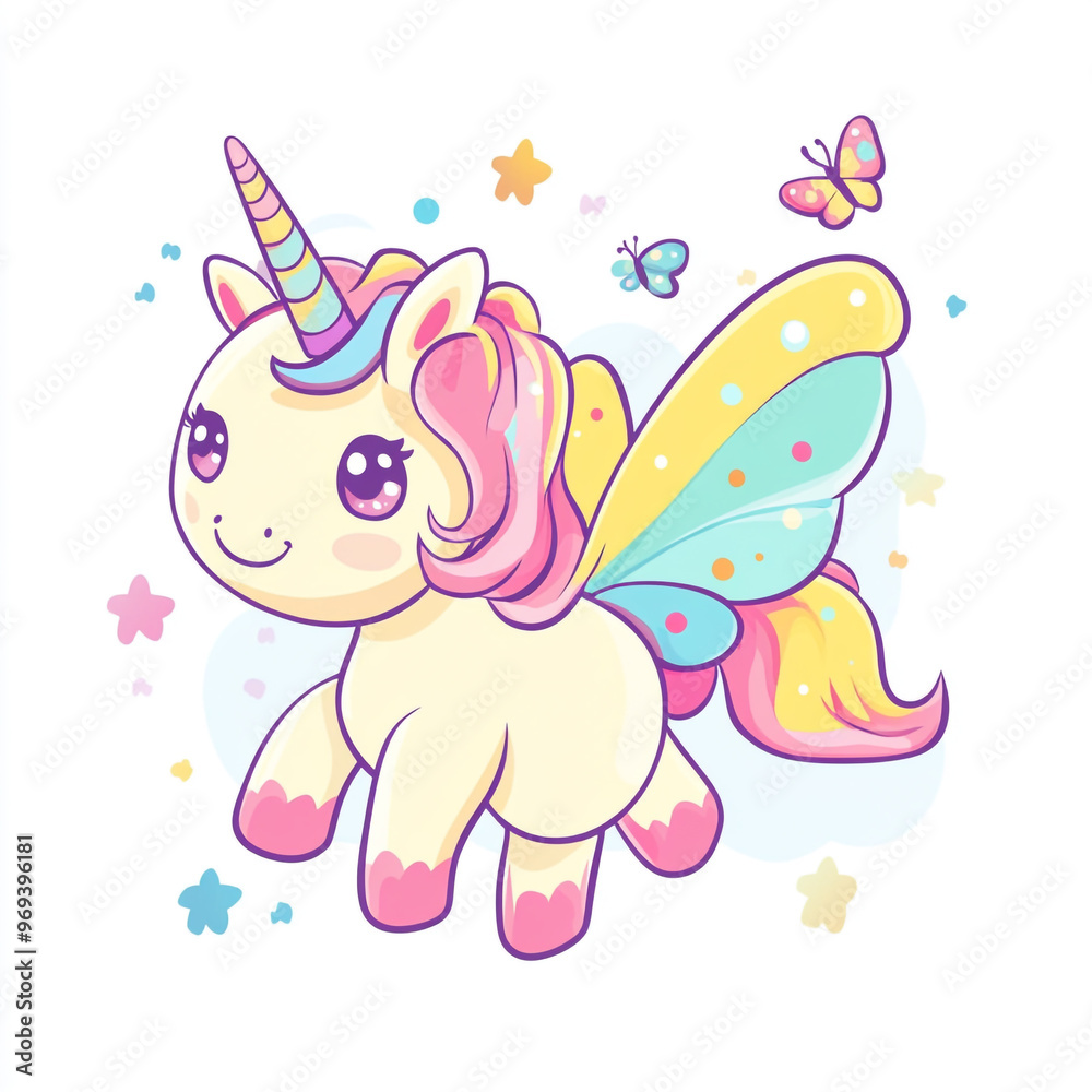 Obraz premium Cute cartoon unicorn with a colorful mane and wings, surrounded by butterflies, isolated on a white background.