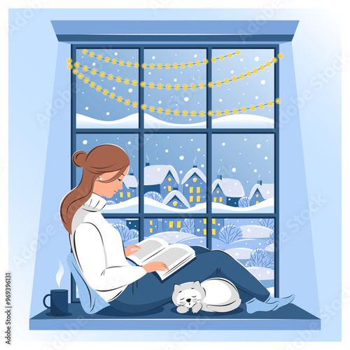 Woman reading book and sitting at the winter window. Cozy winter vector illustration