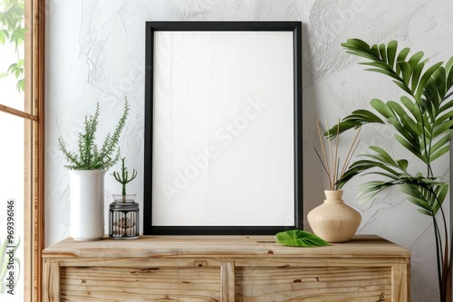 Blank picture frame mockups in the house with aesthetic wood furniture design