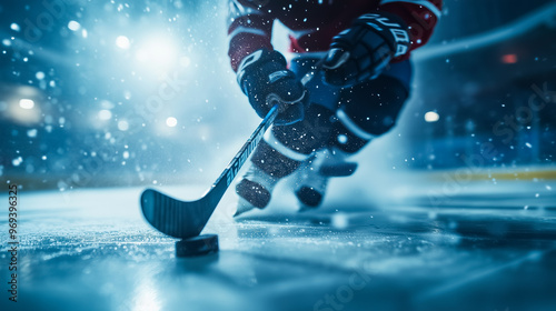 Hockey players battle for control of the puck during a fast-paced ice hockey game, with intense action under bright arena lights.