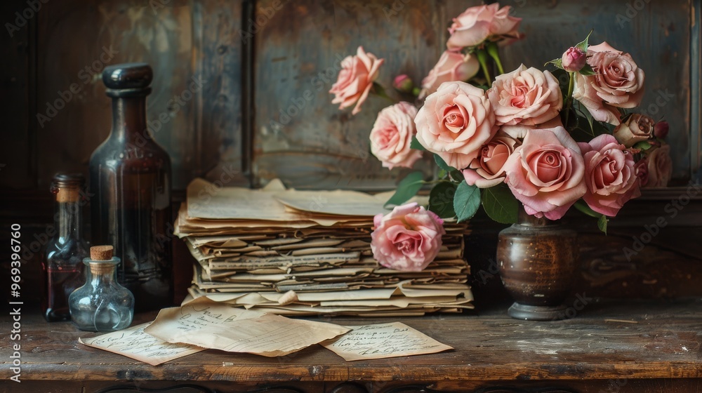 antique desk with a bouquet of roses stack of aged love letters and a vintage ink bottle