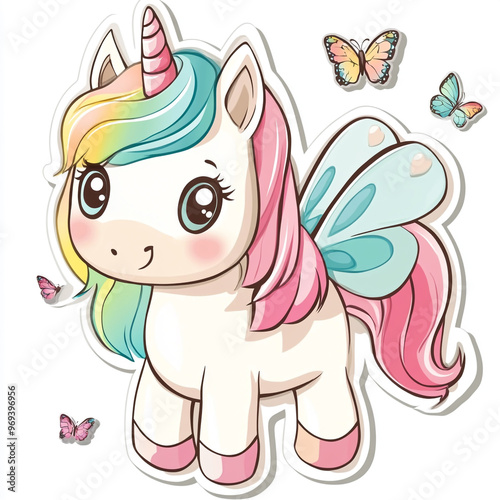 Cute cartoon unicorn with a colorful mane and wings, surrounded by butterflies, isolated on a white background.