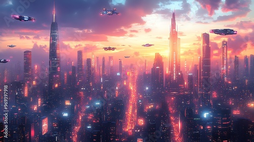 Vector design of a bustling futuristic metropolis at dusk with flying cars and neon lights illuminating towering skyscrapers creating a dynamic and vibrant scifi scene