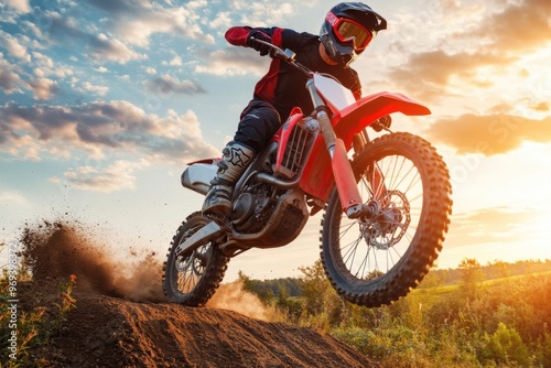 Motocross bike launching off a dirt ramp