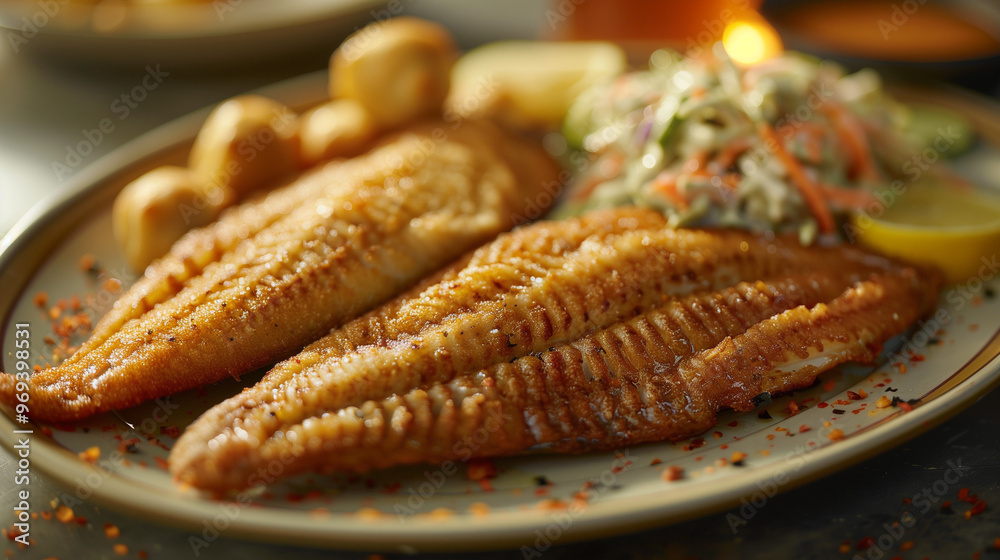 Grilled seasoned fish fillets with potatoes and coleslaw on a plate, perfect for a tasty meal Grilled seasoned fish fillets with potatoes and coleslaw on a plate, perfect for a tasty meal