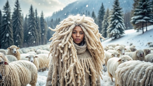 Spectacular woman with voluminous dreadlocks among sheep flock in snowy mountains