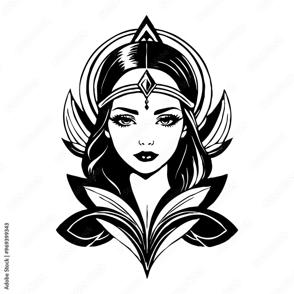 Fictional female character. Black and white line art. Logo design for use in graphics. T-shirt print, tattoo design. Fictional female character. Black and white line art. Logo design for use in graphics. T-shirt print, tattoo design.