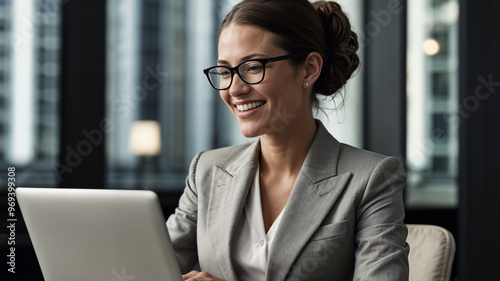 smiling businesswoman working on a laptop at the office