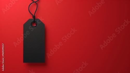 A blank black tag hanging on a string against a vibrant red background, ideal for promotions or labeling activities