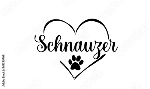 vecteur texte race schnauzer dans un coeur avec une empreinte de patte 