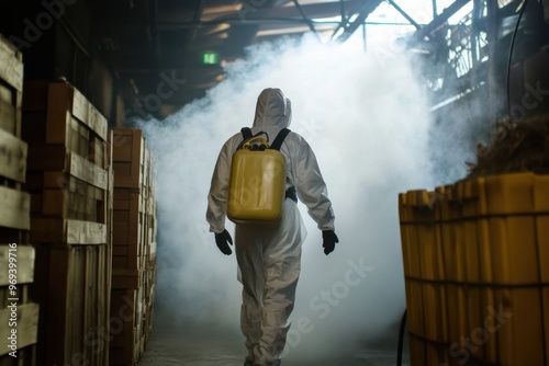 An exterminator in protective gear fumigating a wareho photo