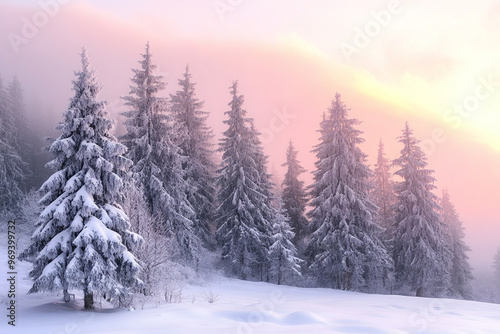 Snowy winter forest at sunrise, snow-covered fir trees, morning mist and pink rays of the rising sun, peaceful and magical atmosphere.