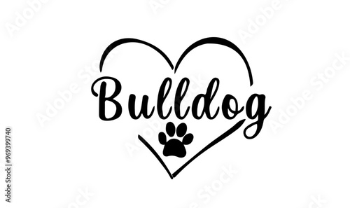 vecteur texte race bulldog dans un coeur avec une empreinte de patte 
