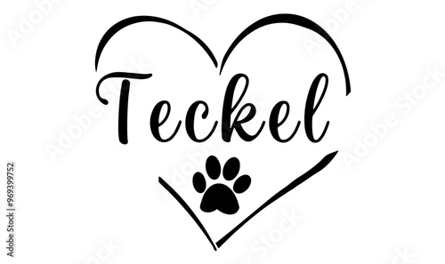 vecteur texte race teckel dans un coeur avec une empreinte de patte 