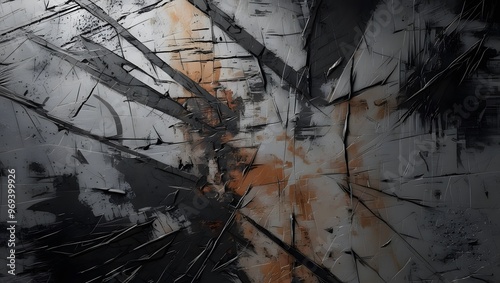 a gritty, textured digital art background of scratched surface, featuring bold, rough lines and distressed textures , muted tones of gray, black, and brown with subtle splashes of color photo