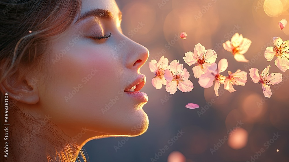 A serene profile of a woman surrounded by floating cherry blossoms in soft lighting.